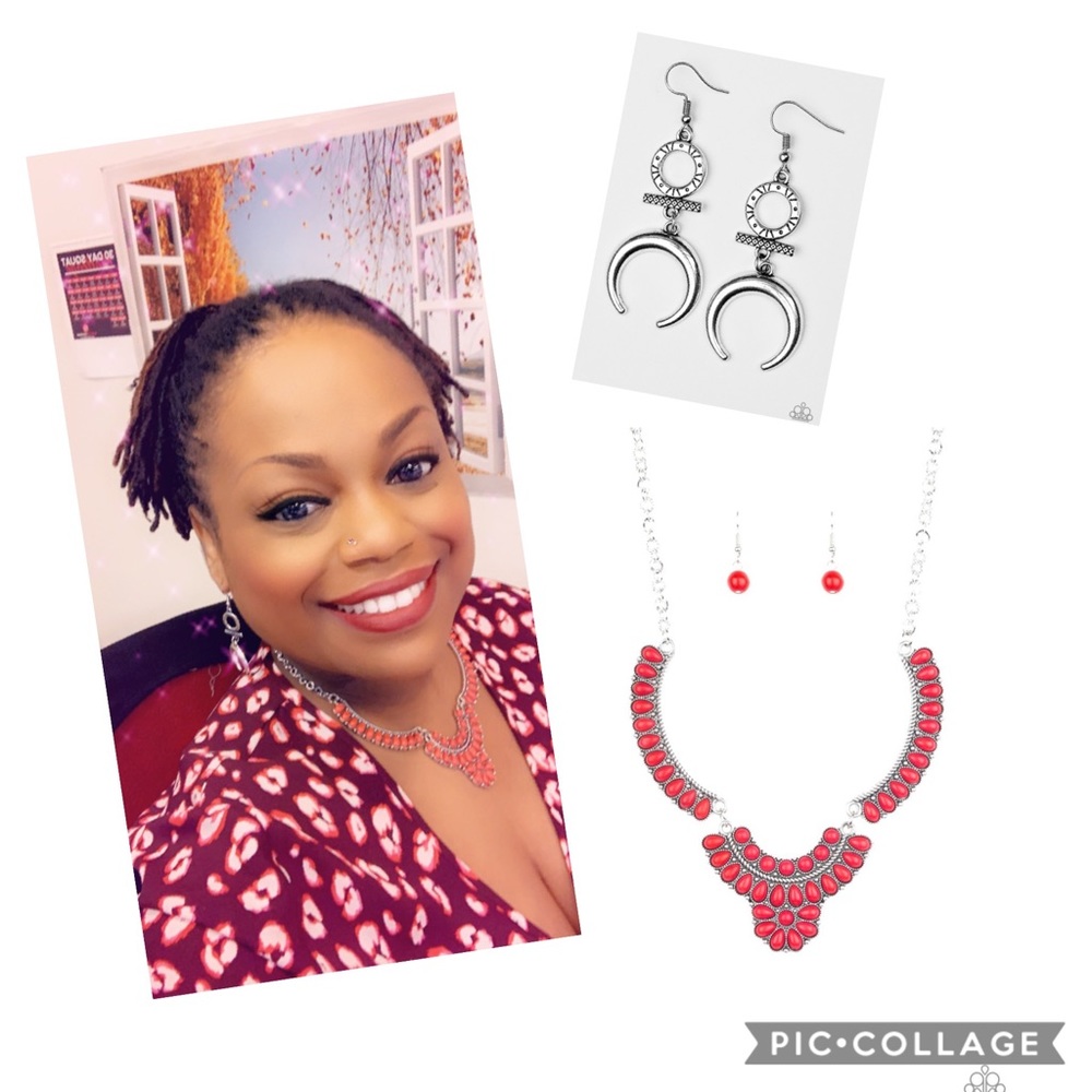 Red necklace & Majestic earrings.